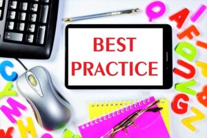The text best practice surrounded by various SEO tools like a computer mouse and calculator
