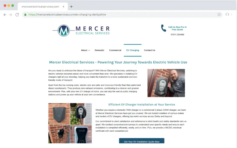 The EV charging page for Mercer Electrical Services as shown on an Apple Mac screen