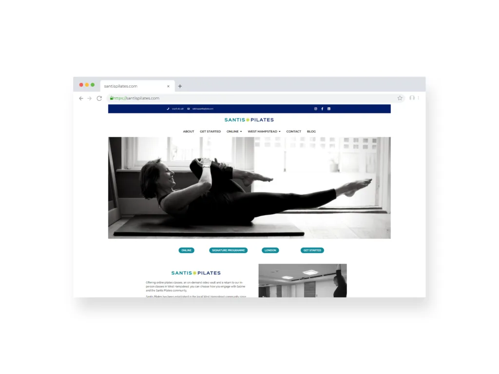 The homepae of the Santis Pilates website as displayed on an Apple mac screen