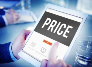 The word 'price' on an ipad being held by a business owner